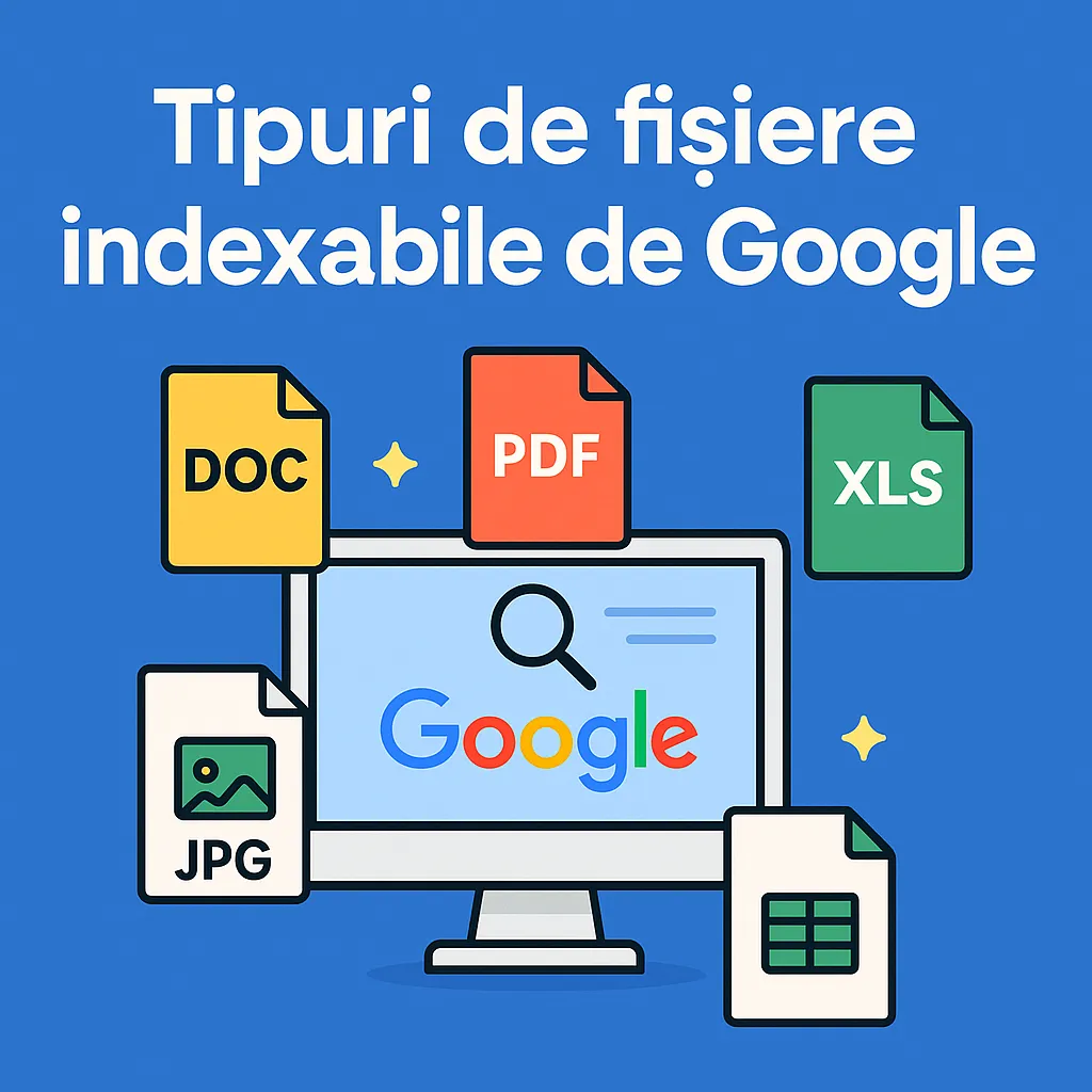 Tipuri de fisiere indexabile de Google Ilustratie digitala ce prezinta fisiere indexabile de Google, inclusiv DOC, PDF, XLS si JPG, in jurul unui monitor cu logo-ul Google.