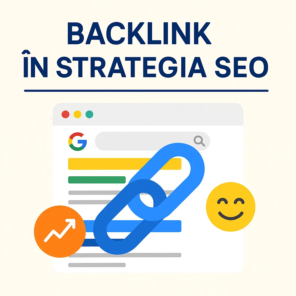 Ilustrație SEO cu backlink și grafic de creștere într-o pagină Google – Backlink în strategia SEO