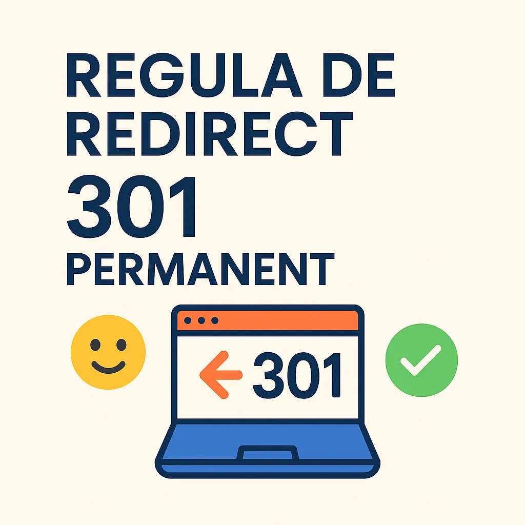 Ilustrație despre regula de redirect 301 permanent – cu un laptop, săgeată portocalie, emoticon zâmbitor și bifă verde, explicând simplu conceptul de redirecționare SEO.