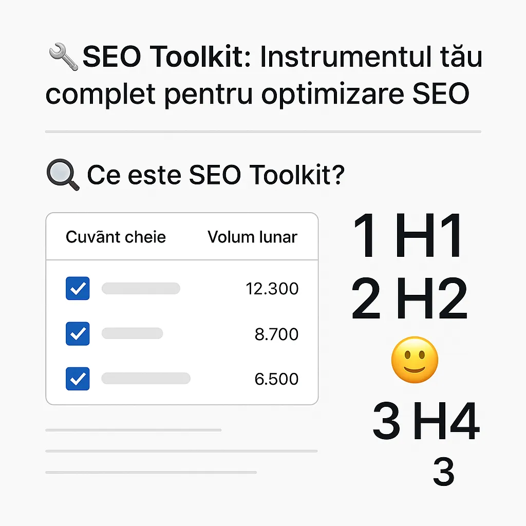 Ilustrație reprezentativă pentru SEO Toolkit, cu titluri HTML (H1, H2, H3), emoticoane și tabel de cuvinte cheie cu volume lunare de căutare.