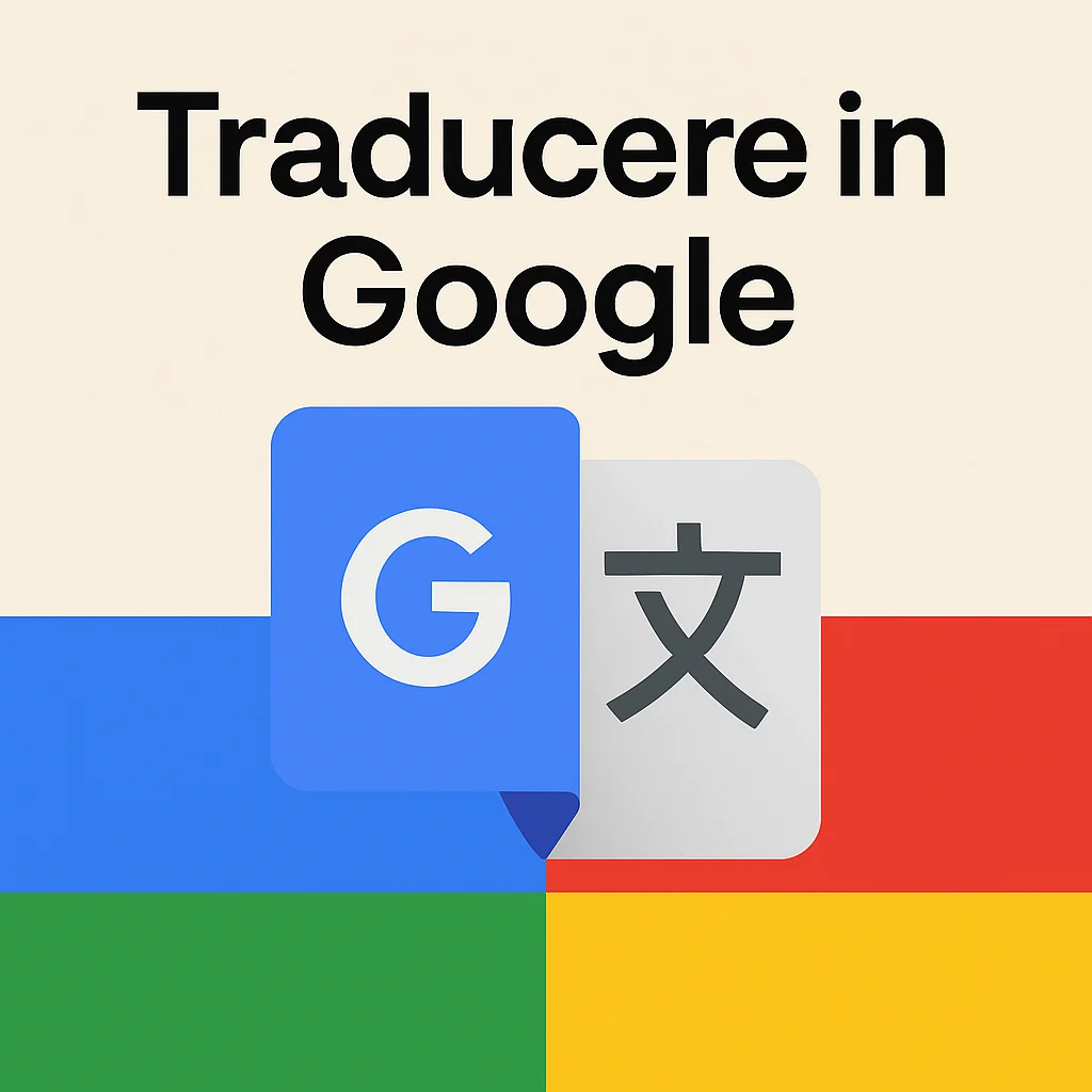 Traducere în Google - Ilustrație cu icon Google Translate și text explicativ