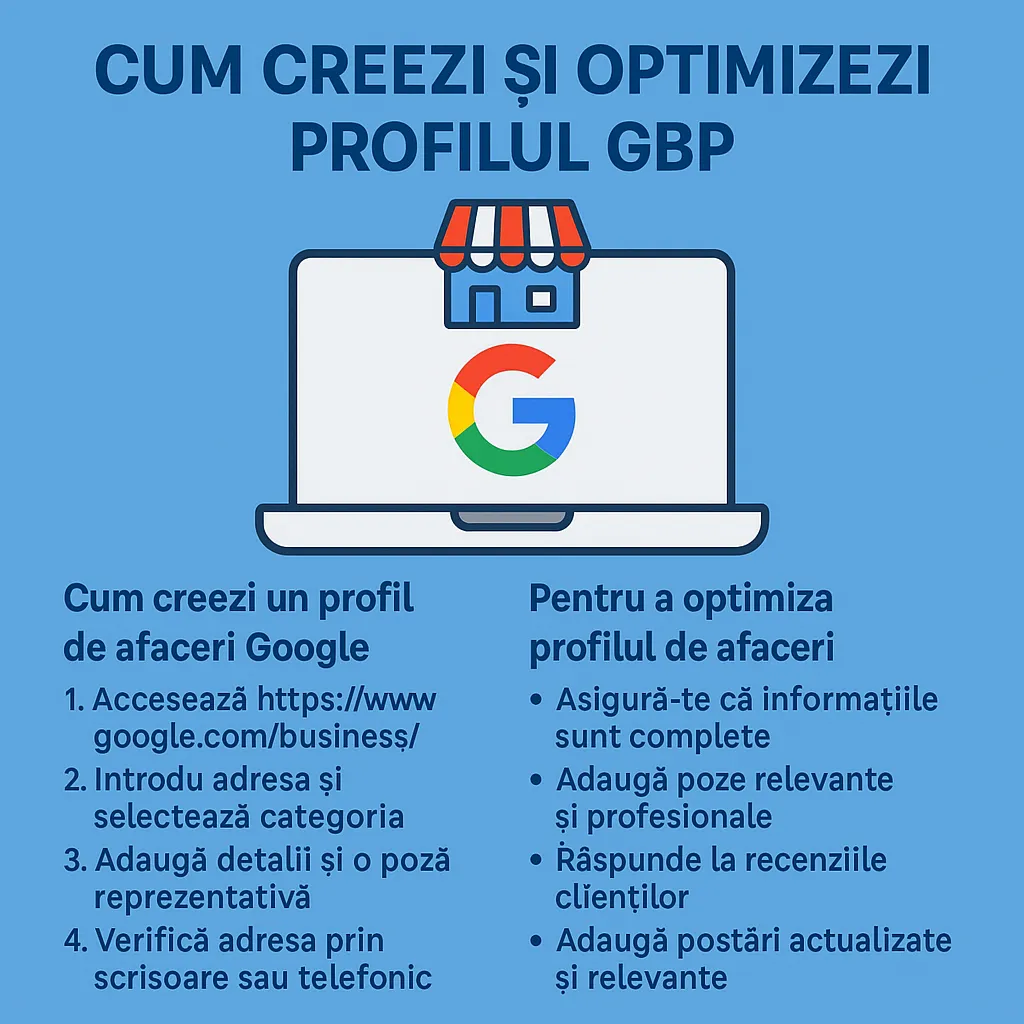 Cum creezi si optimizezi profilul GBP - ghid vizual cu pasii de creare si optimizare a profilului Google Business Profile