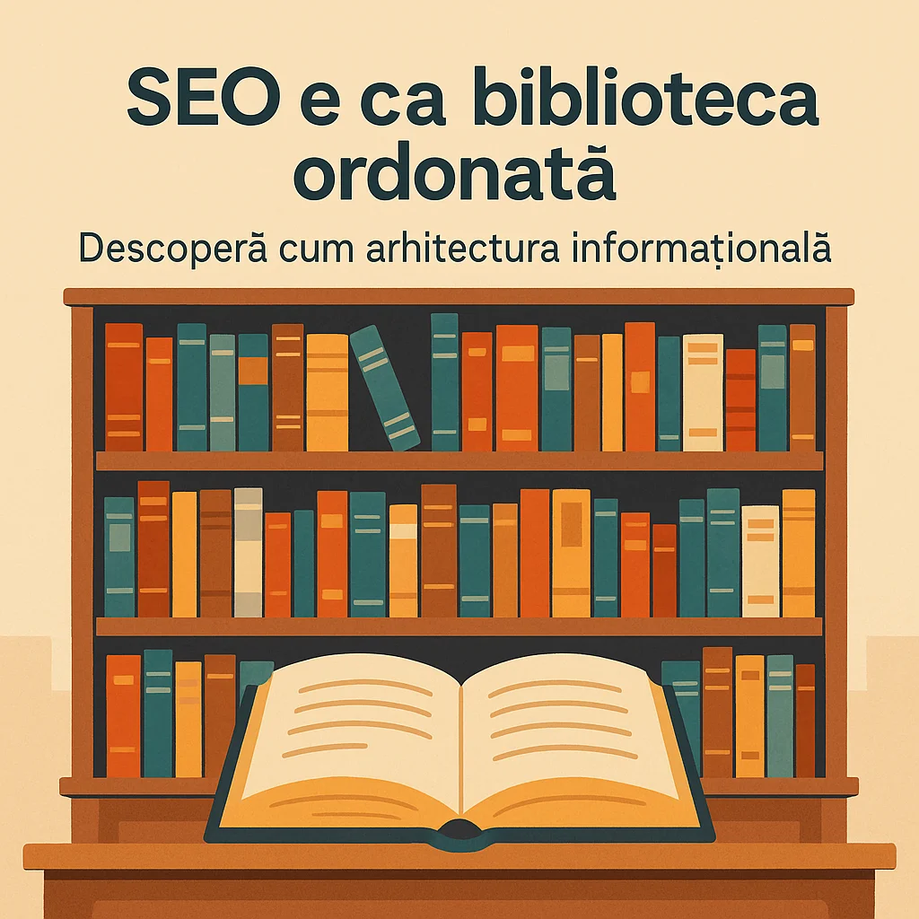 SEO e ca o biblioteca ordonata: 11 motive puternice + ghid complet SEO e ca o biblioteca ordonata - arhitectura informationala ilustrata prin rafturi de carti organizate