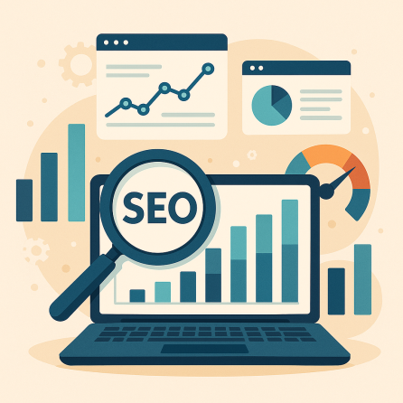 Ilustratie reprezentativa pentru audit SEO automat, cu grafice, dashboard si simboluri tehnice specifice analizelor SEO.