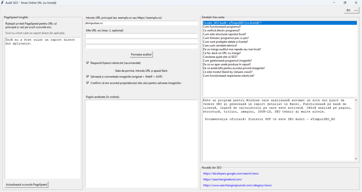 Interfața Audit SEO eTimpulSEO pentru introducerea URL-ului și setări de crawl cu respectarea robots.txt