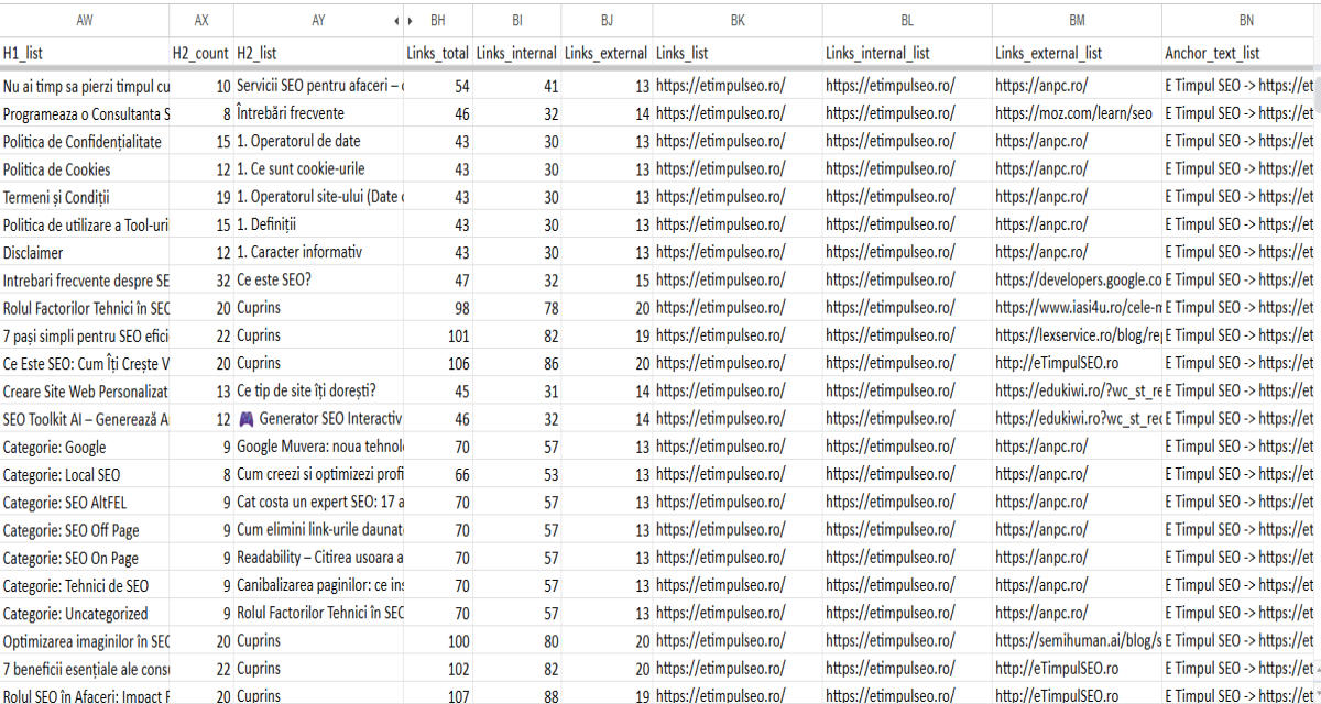 Raport Excel Audit SEO eTimpulSEO cu structură H1 H2, link-uri interne externe și anchor text