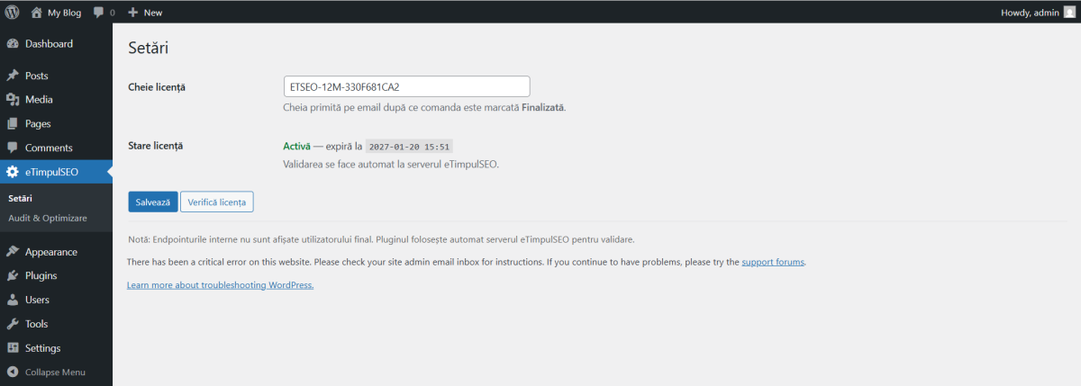Introducere cheie licență în eTimpulSEO