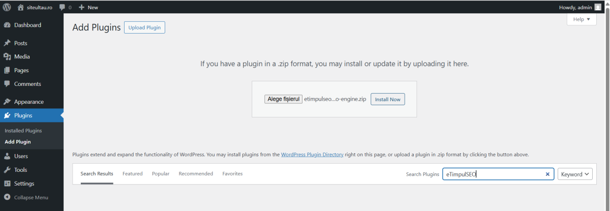 Instalare plugin WordPress - Upload Plugin